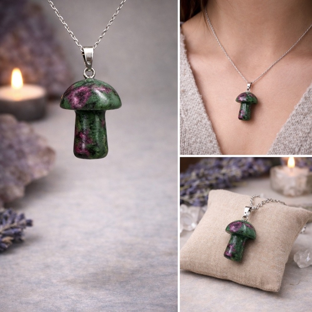 Ruby Zoisite Mushroom Pendant Boho Witchy Crystal Stone‎ Jewelry